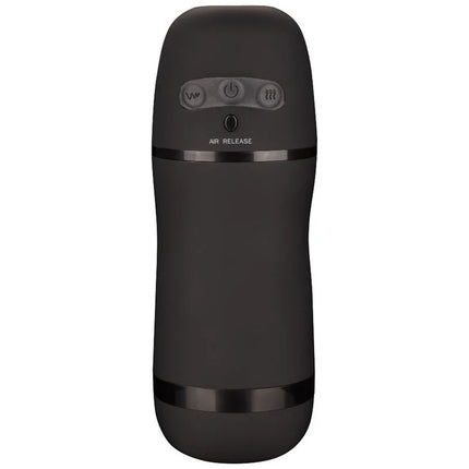 Black mattes handheldgerät mit silbernen akzentbändern und steuerknöpfen calexotics optimum power stroker vibrations und saugfunktionen