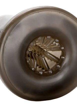 Dunkelgraue runde silikon düse mit transparentem inneren mechanismus und mehreren schlanken stäben für calexotics optimum power ultimate stroker