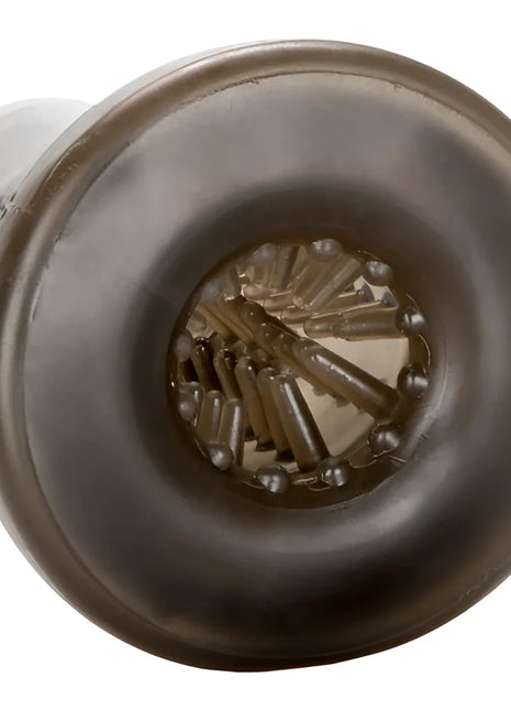 Dunkelgraue runde silikon düse mit transparentem inneren mechanismus und mehreren schlanken stäben für calexotics optimum power ultimate stroker