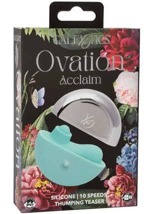 The teal silicone ovation acclaim stimulator features a sleek curved design with a silver metallic cap by Calexotics