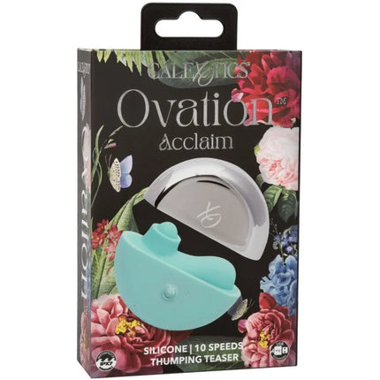 The teal silicone ovation acclaim stimulator features a sleek curved design with a silver metallic cap by Calexotics