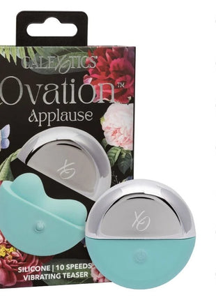 The ovation applause stimulator by calexotics is a teal and silver silicone vibrating teaser with 10 speeds and usb recharge