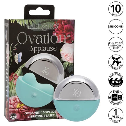 The ovation applause stimulator by calexotics is a teal and silver silicone vibrating teaser with 10 speeds and usb recharge