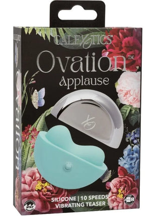 The ovation applause by calexotics ist ein zweigeteilter vibrierender teaser mit silberner metalloberfläche und teal-silikonbasis