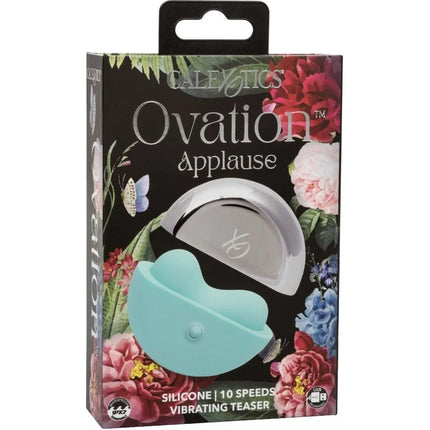 The ovation applause by calexotics ist ein zweigeteilter vibrierender teaser mit silberner metalloberfläche und teal-silikonbasis