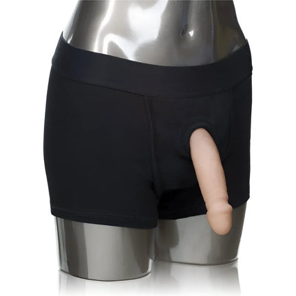 Calexotics packer gear boxer kurzgurt m/l schwarze briefs mit realistischem silikon-dildo in der fronttasche