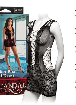 Schwarzes spitzen-peek-a-boo-minikleid mit fischernetz- und floralem muster von calexotics eine größe