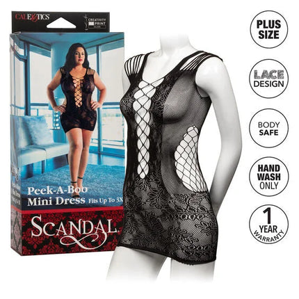 Schwarzes spitzen peek-a-boo minikleid mit mesh und kreuzdesign von calexotics scandal in übergröße