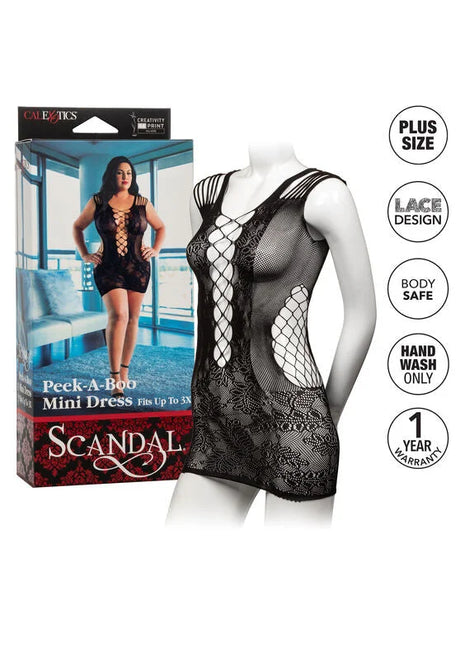 Schwarzes spitzen peek-a-boo minikleid mit mesh und kreuzdesign von calexotics scandal in übergröße