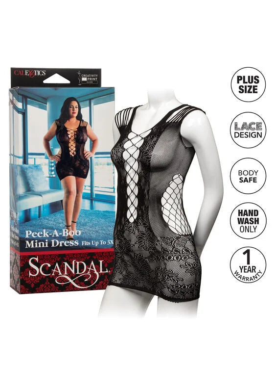 Schwarzes spitzen peek-a-boo minikleid mit mesh und kreuzdesign von calexotics scandal in übergröße