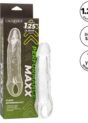 Calexotics performance maxx transparente 5,5 verlängerung mit integriertem klaren skrotum stützring aus kunststoff