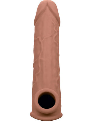 Tanfarbige texturierte silikonhülle für dildo mit realistischer optik und offenem rundem rand von calexotics