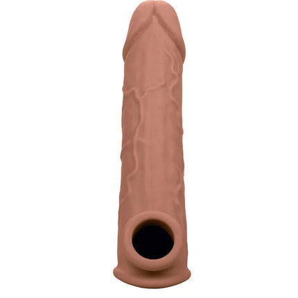 Tanfarbige texturierte silikonhülle für dildo mit realistischer optik und offenem rundem rand von calexotics