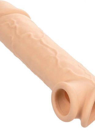 Beige silikon penis hülle mit strukturierter oberfläche und offenem ende von calexotics performance maxx lebensnahe extension
