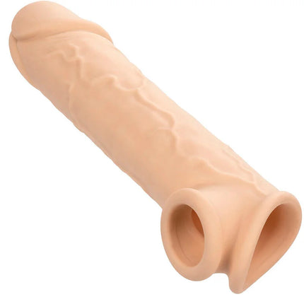 Beige silikon penis hülle mit strukturierter oberfläche und offenem ende von calexotics performance maxx lebensnahe extension
