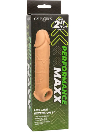 Calexotics performance maxx 8 zoll liquid silicone extension in heller haut mit realistischer optik und skrotalstütze