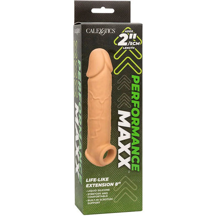 Calexotics performance maxx 8 zoll liquid silicone extension in heller haut mit realistischer optik und skrotalstütze