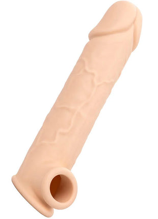 Beige silikon penisüberzug mit strukturierter oberfläche und offenem ende von calexotics performance maxx lebensnahe extension