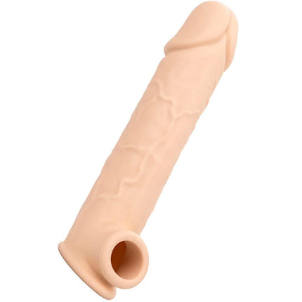 Beige silikon penisüberzug mit strukturierter oberfläche und offenem ende von calexotics performance maxx lebensnahe extension