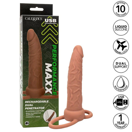 Calexotics performance maxx wiederaufladbarer dual-penetrator in pfirsichfarbenem silikon mit usb-ladeanschluss und reisverschluss