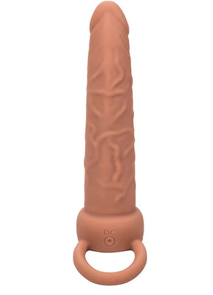 Braunes silikon dildo mit geprägter struktur und ring am boden calexotics performance maxx dual-penetrator