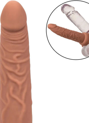 Tanfarbener silikon dildo mit texturierten venen und klarem kunststoffeinsatz von calexotics performance maxx braun