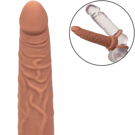 Tanfarbener silikon dildo mit texturierten venen und klarem kunststoffeinsatz von calexotics performance maxx braun