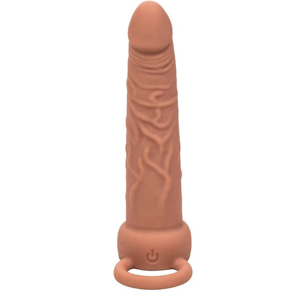 Tan-farbener silikon-dual-penetrator mit texturierten rankenmustern und power-taste am boden von calexotics