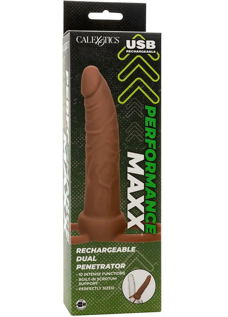 Brauner silikon usb wiederaufladbarer dual-penetrator mit performance maxx branding von calexotics