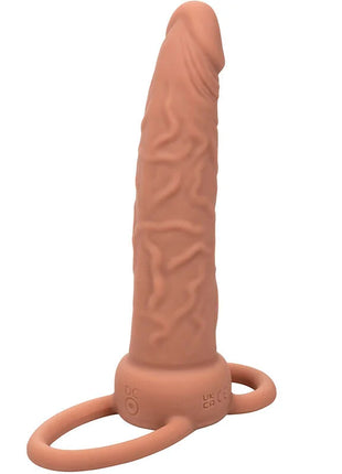 Peachfarbener silikon-dildo mit strukturierter oberfläche und ringbasis von calexotics performance maxx dual-penetrator braun