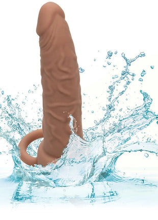 Tan silikon erwachsenenspielzeug mit realistischer struktur und ringbasis calexotics performance maxx dual-penetrator braun