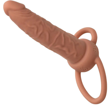 Tan silikon analplug mit strukturierter oberfläche und ringbasis calexotics performance maxx dual-penetrator braun