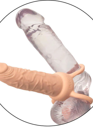 Calexotics performance maxx wiederaufladbarer dual penetrator aus klarem silikon mit pfirsichfarbenem griff und integriertem ring