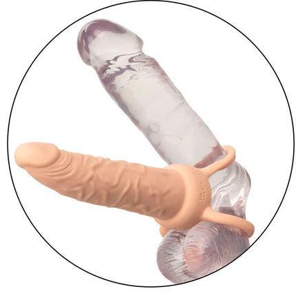 Calexotics performance maxx wiederaufladbarer dual penetrator aus klarem silikon mit pfirsichfarbenem griff und integriertem ring