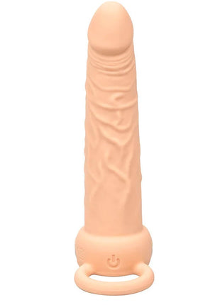 Peachfarbener silikon-dildo mit strukturierten rillen und power-knopf am fuß von calexotics performance maxx