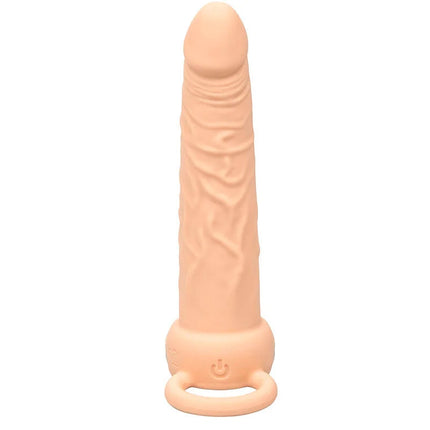 Peachfarbener silikon-dildo mit strukturierten rillen und power-knopf am fuß von calexotics performance maxx