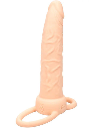 Peachfarbener silikon dildo mit strukturierter oberfläche und ringbasis calexotics performance maxx dual penetrator