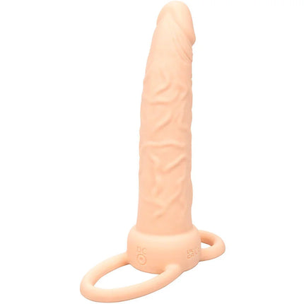 Peachfarbener silikon dildo mit strukturierter oberfläche und ringbasis calexotics performance maxx dual penetrator