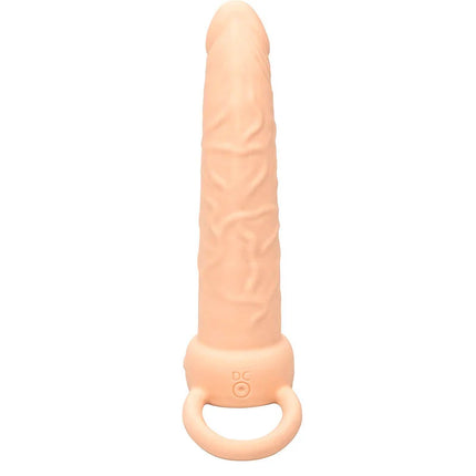 Peachfarbener silikon dildo mit strukturierter oberfläche und griffschlaufe im basisbereich von calexotics performance maxx wiederaufladbarer dual penetrierer helle haut