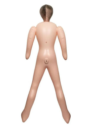 Beige aufblasbare humanoide liebespuppe von calexotics mit glatter glänzender oberfläche und segmentierten gelenken