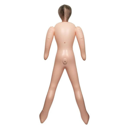 Beige aufblasbare humanoide liebespuppe von calexotics mit glatter glänzender oberfläche und segmentierten gelenken