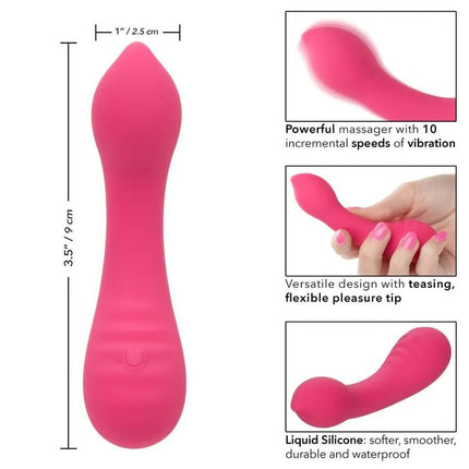 Pink flüssiger silikon vibrierender massager mit flexiblem, gebogenem spitzen und ergonomischem griff von calexotics pixies teaser rosa