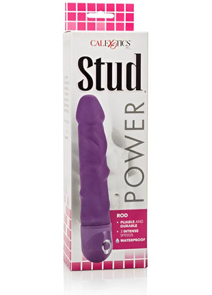 Calexotics power stud rod vibrator in purple silicone shown in its original packaging for intimate use
