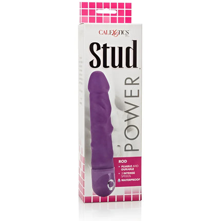 Calexotics power stud rod vibrator in purple silicone shown in its original packaging for intimate use