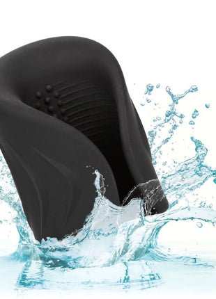 Black silicone neck support with textured grip and ridged interior from calexotics pro stroker optimale power