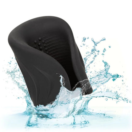 Black silicone neck support with textured grip and ridged interior from calexotics pro stroker optimale power