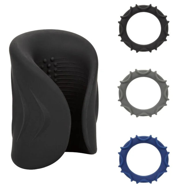 Schwarzer silikon cockring mit strukturierter stachelkante und konturierter innenseite von calexotics pro stroker optimale power