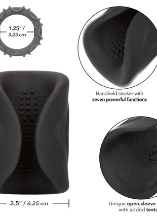 Black silicone handheld stroker with unique open sleeve design and textured surface from calexotics pro stroker optimale power