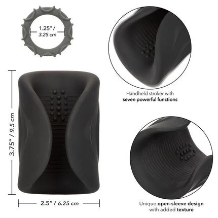 Black silicone handheld stroker with unique open sleeve design and textured surface from calexotics pro stroker optimale power