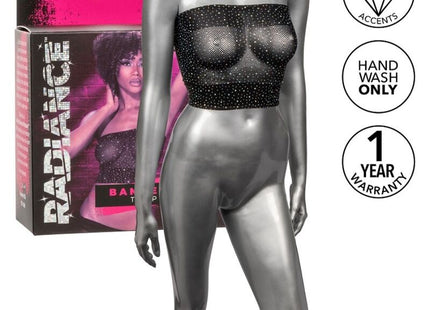 Schwarzer bandeau bodysuit mit funkelnden strassakzenten auf silberner schaufensterpuppe von calexotics